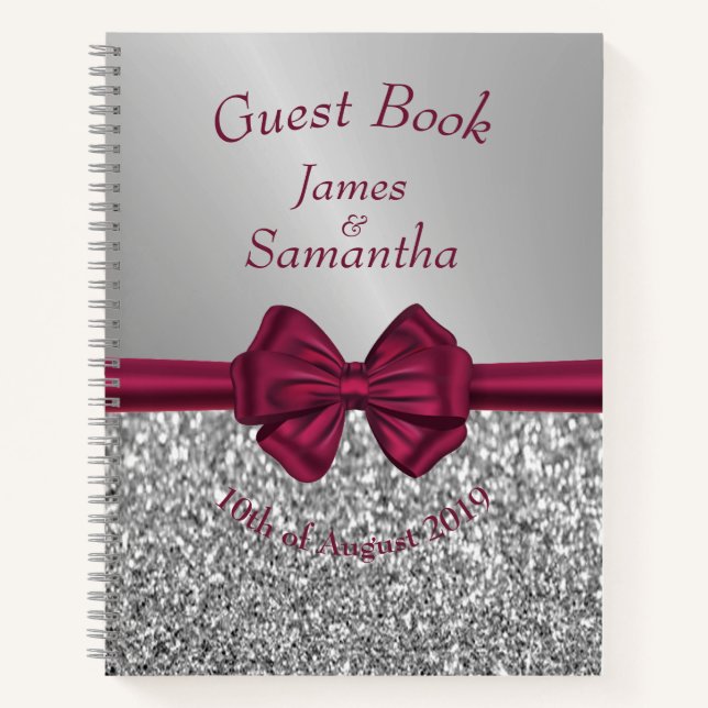 Maroon Satin Bow & Silver  – Guest Book (Front)