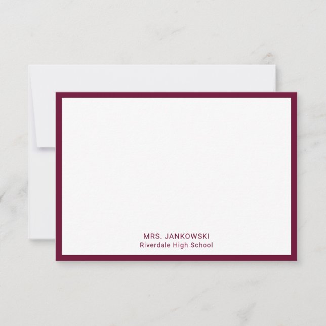 Maroon School Colours Teacher Thank You Note Cards (Front)