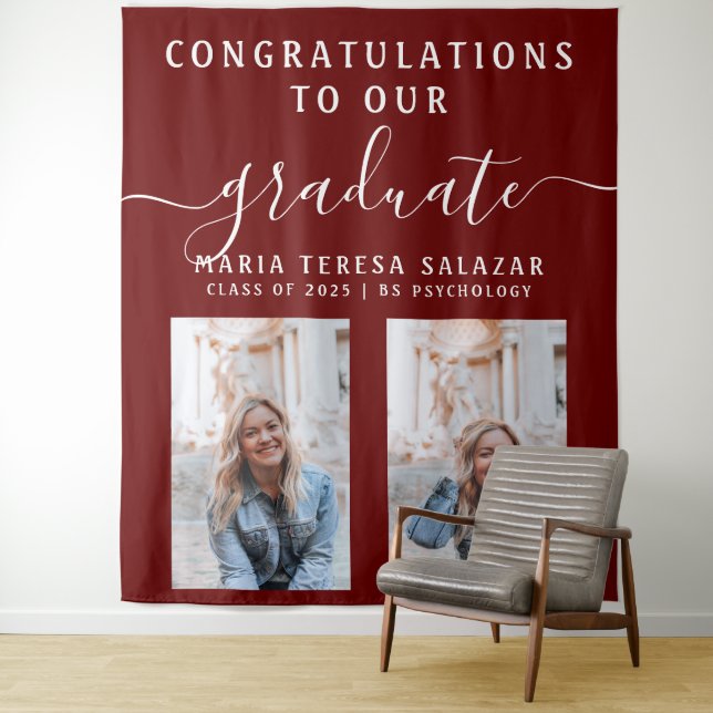Maroon Script Calligraphy Two Photo Graduation Tapestry (In Situ)