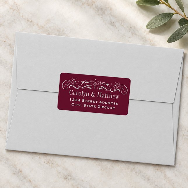 Maroon Silver Flourish Wedding Address Label (Creator Uploaded)
