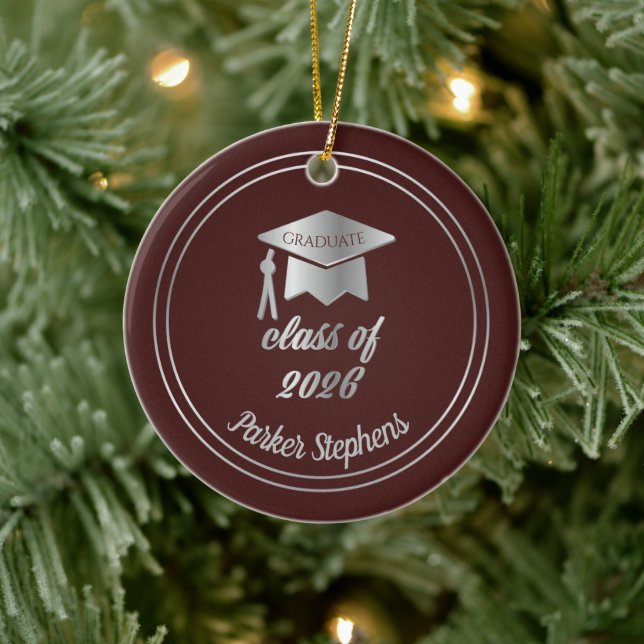 Maroon Silver Graduate Cap Graduation 2026 Photo Ceramic Tree Decoration (Tree)