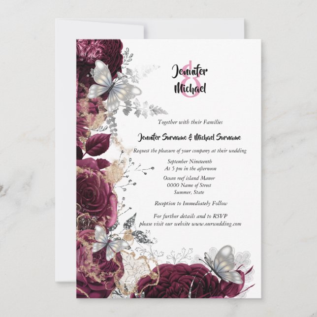 Maroon silver rose butterfly chic elegant wedding invitation (Front)