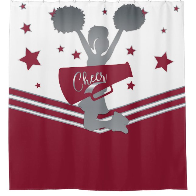 Maroon Silver Stars Cheer Cheer-leading Girls Shower Curtain (Front)