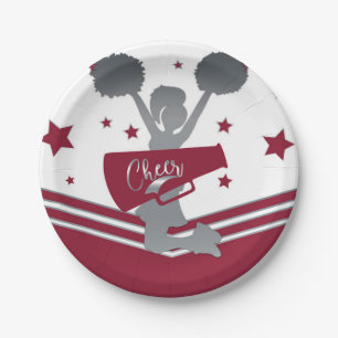 Maroon & Silver Stars Cheer Cheer-leading Party Paper Plate