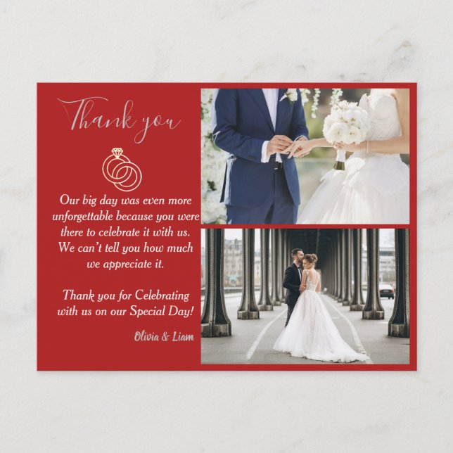 Maroon & Silver Vector Wedding Ring Thank You Postcard (Front)