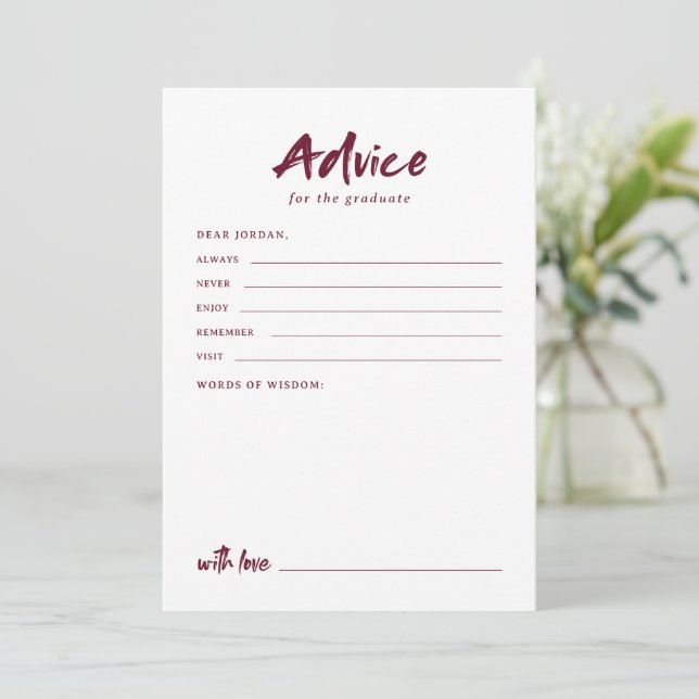 Maroon Simple Modern Brush Script Graduation Advice Card (Standing Front)