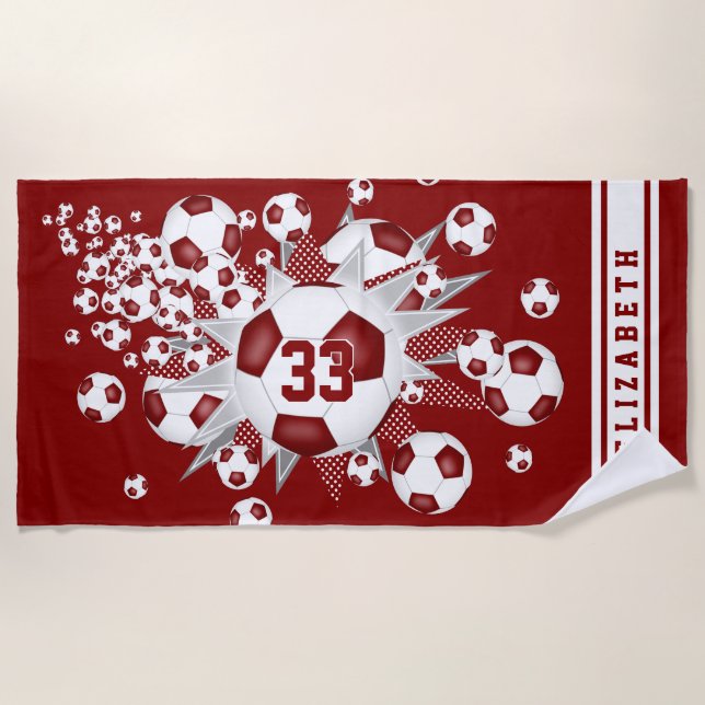 maroon soccer ball blowout her name jersey number beach towel (Front)