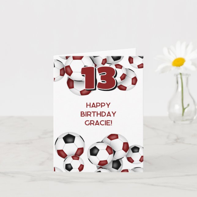 maroon soccer balls girls boys happy birthday card (Small Plant)