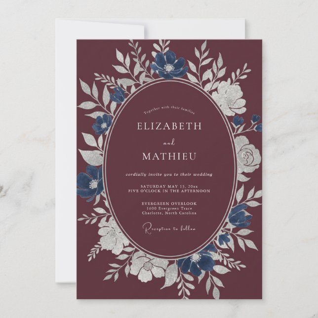 Maroon Steel Blue Wreath Wedding Invitation (Front)