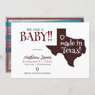 Maroon Striped Made in Texas Photo Baby Announcement