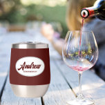 Maroon Stylised Wedding Groomsman Name<br><div class="desc">Gift your wedding groomsman with this trendy and personalised,  stainless steel wine tumbler with his name in stylised script inside a white,  oval design. Background colour and script is maroon. Personalise your wine tumbler by editing and replacing name with desired name. Available in many,  popular wedding colour schemes.</div>