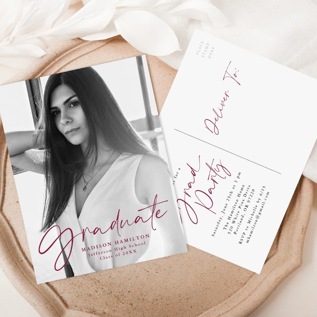 Maroon Stylish Script Photo Graduation Party Invitation Postcard (Creator Uploaded)