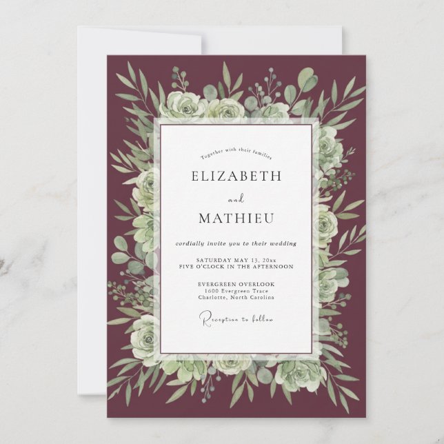Maroon Succulent Eucalyptus Wedding Invitation (Front)