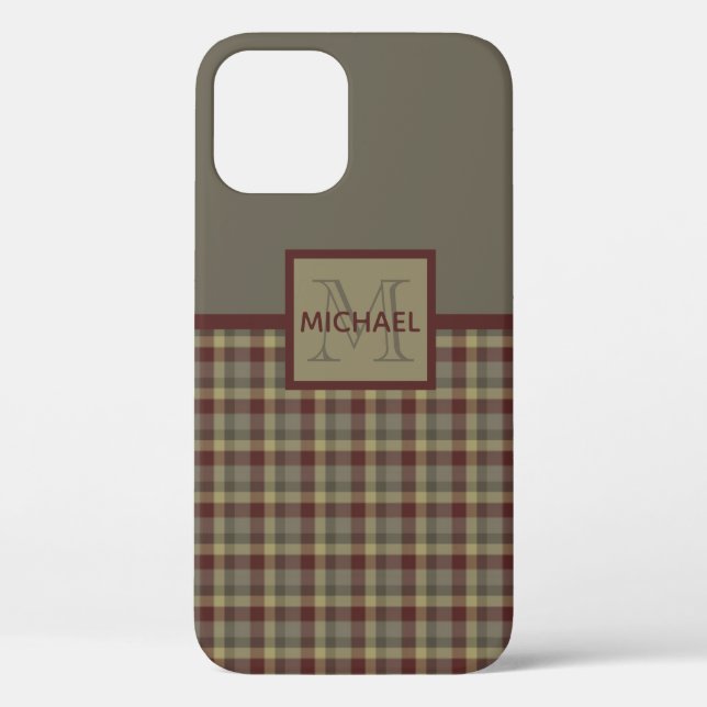 Maroon, Tan And Grey Plaid Monogrammed Case-Mate S iPhone Case (Back)
