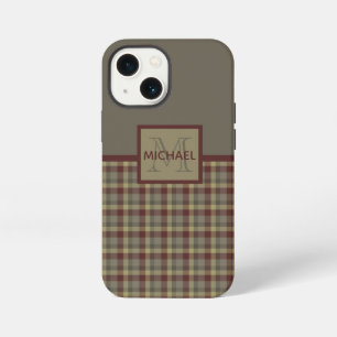 Maroon, Tan And Grey Plaid Monogrammed iPhone 13 Mini Case