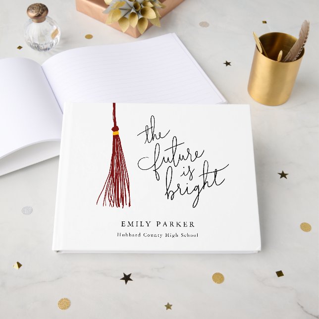 Maroon Tassel The Future Is Bright Graduation Guest Book (Front Open)