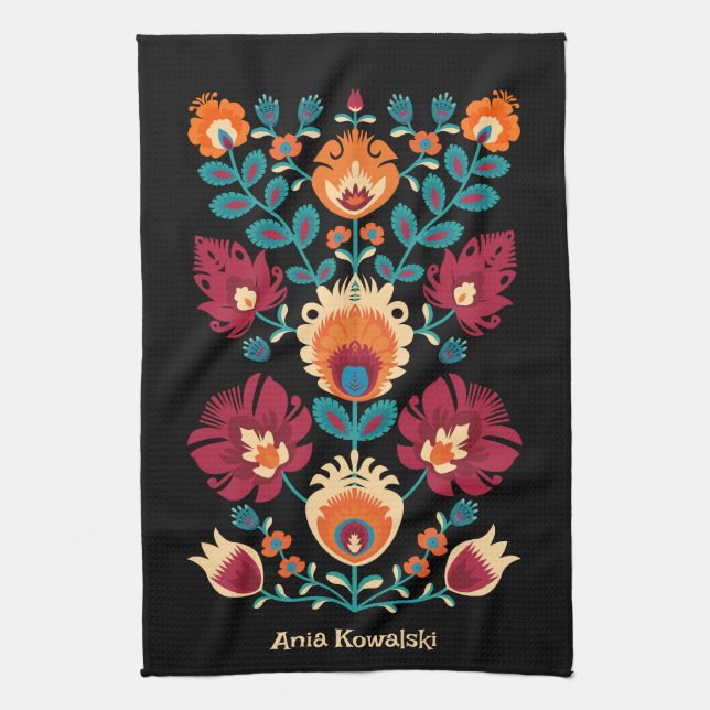 Maroon, teal and pastel yellow Folk Wycinanki  Tea Towel (Vertical)
