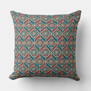 Maroon, Teal Ethnic Pattern, Flowers, Chevrons Cushion