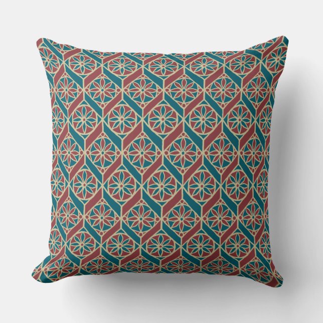 Maroon, Teal Ethnic Pattern, Flowers, Chevrons Cushion (Front)