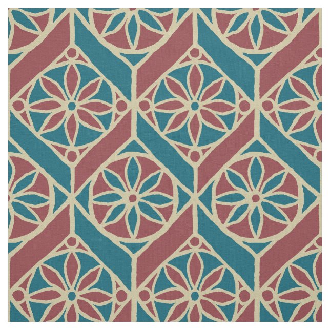Maroon, Teal Ethnic Pattern, Flowers, Chevrons Fabric (Swatch)