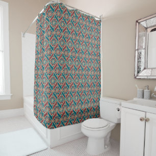 Maroon, Teal Ethnic Pattern, Flowers, Chevrons Shower Curtain