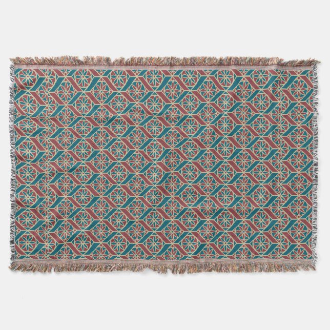 Maroon, Teal Ethnic Pattern, Flowers, Chevrons Throw Blanket (Front)