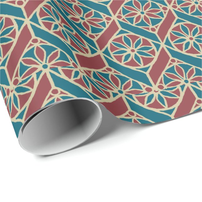 Maroon, Teal Ethnic Pattern, Flowers, Chevrons Wrapping Paper (Roll Corner)