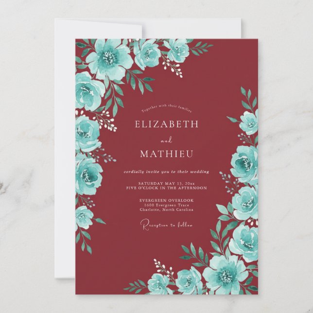 Maroon Teal Ranunculus Eucalyptus Wedding Invitation (Front)