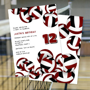 maroon team colours volleyballs boys girls birthda invitation
