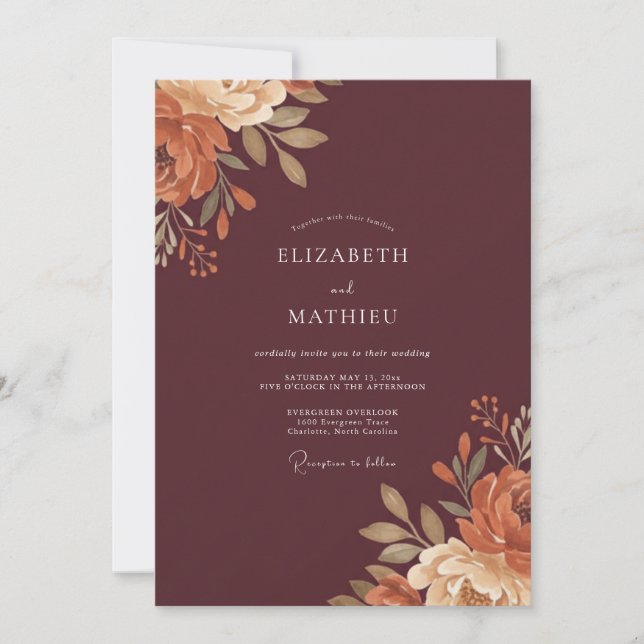 Maroon Terracotta Foliage Eucalyptus Wedding Invitation (Front)