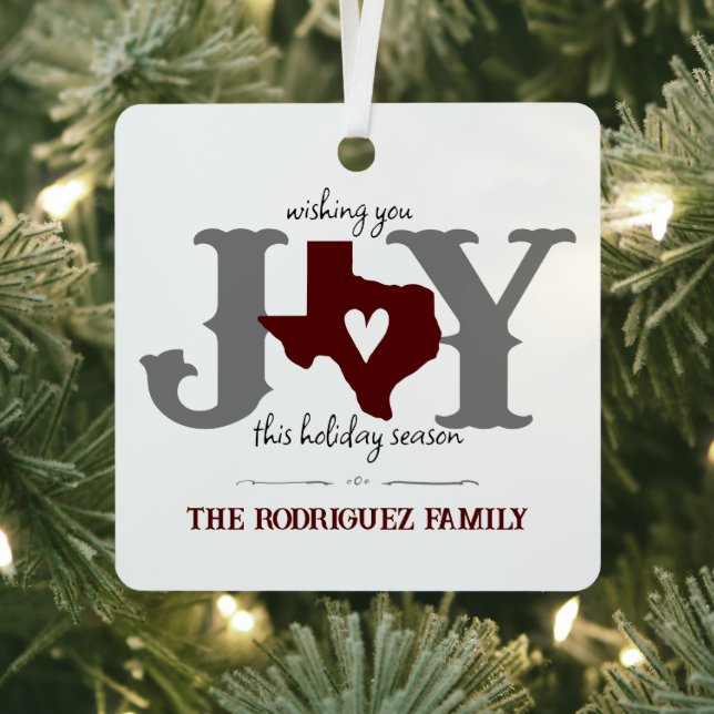 Maroon Texas JOY Photo Holiday Metal Tree Decoration (Insitu)