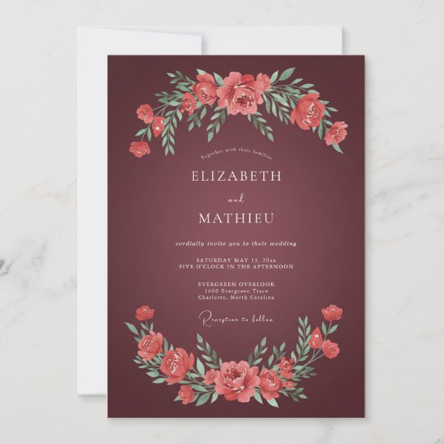 Maroon Timeless Blossom Wedding Invitation (Front)