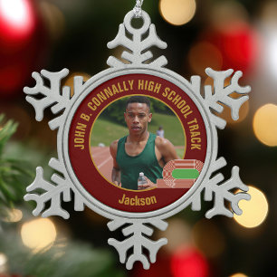 Maroon Track & Field Photo High School Runner Snowflake Pewter Christmas Ornament
