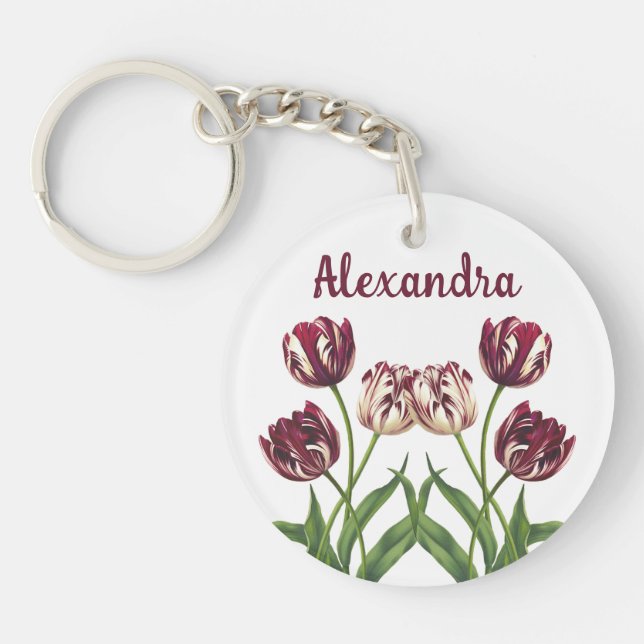 Maroon Tulips With Name Key Ring (Front)