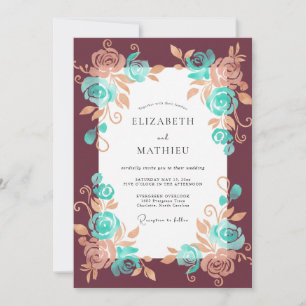Maroon Turquoise Bloom Wedding Invitation