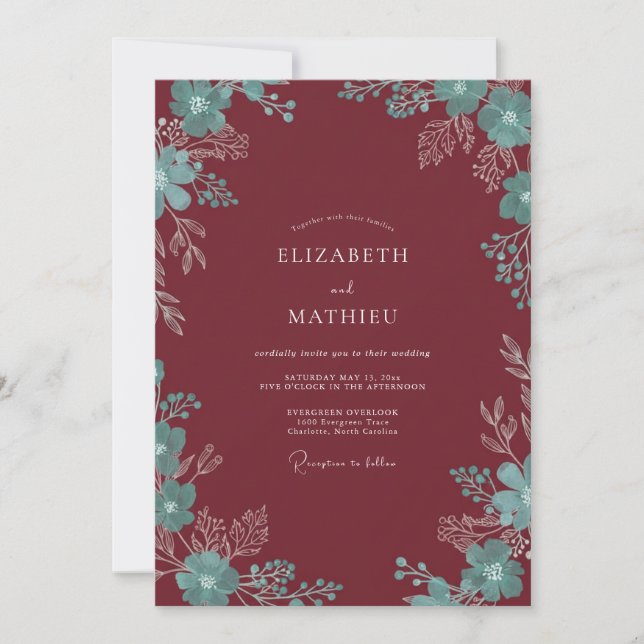 Maroon Turquoise Foliage Eucalyptus Wedding Invitation (Front)