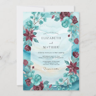Maroon Turquoise Wildflower Wedding Invitation
