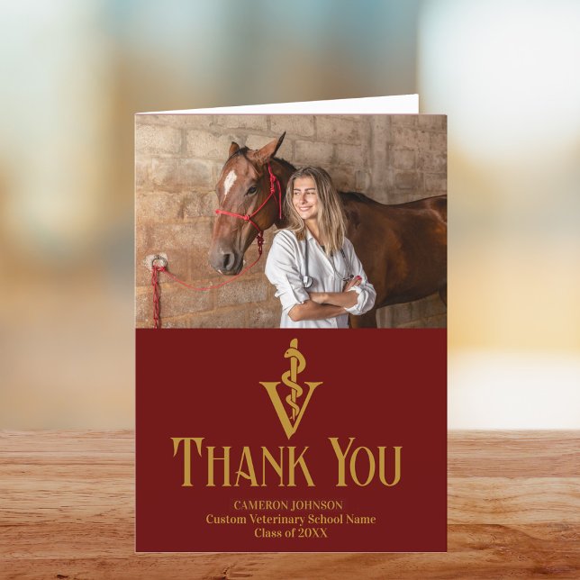 Maroon Veterinary School Graduation Photo Custom Thank You Card (Creator Uploaded)