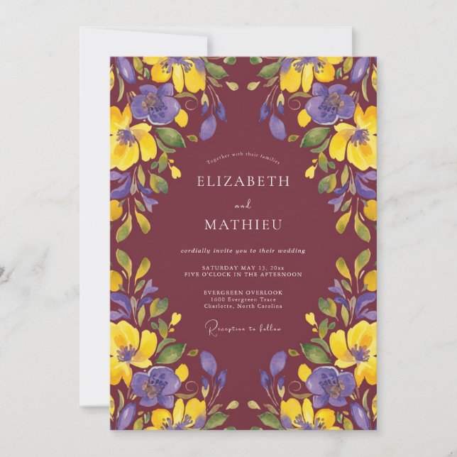 Maroon Violet Petal Wedding Invitation (Front)