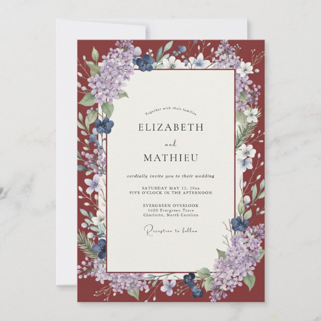 Maroon Violet Wisteria Wedding Invitation (Front)