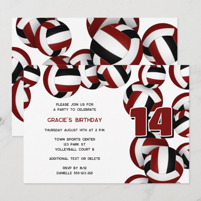 maroon volleyballs girls boys birthday party invitation (Front/Back)
