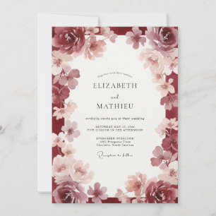 Maroon Watercolor Wreath Wedding Invitation