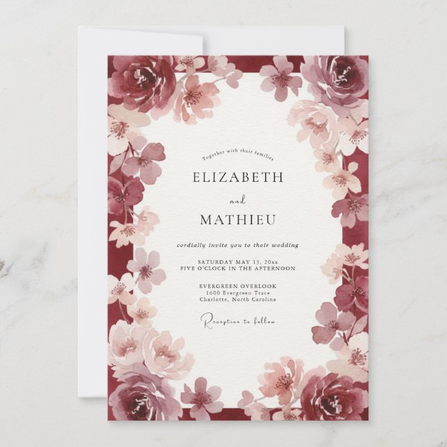 Maroon Watercolor Wreath Wedding Invitation (Front)