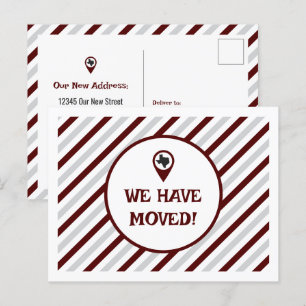 Maroon We Have Moved Striped Moving  Postcard