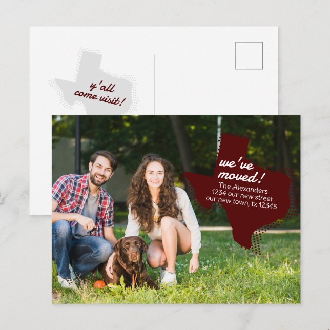 Maroon We've Moved - Dotted Texas Moving Postcard (Front/Back)