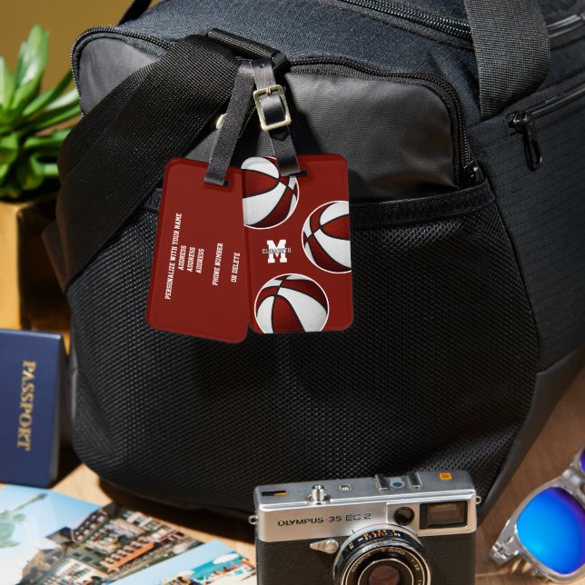 maroon white basketball travel team colours luggage tag (Front & Back)