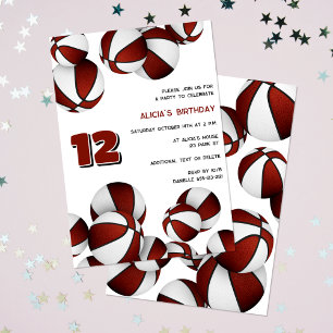 maroon white basketballs kids sports birthday invitation