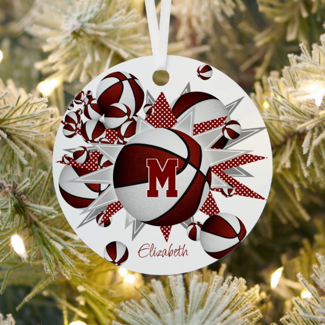 Maroon white basketballs stars personalised  metal tree decoration (Insitu)