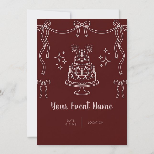 Maroon White Bow Line Cake Invitation (Front)