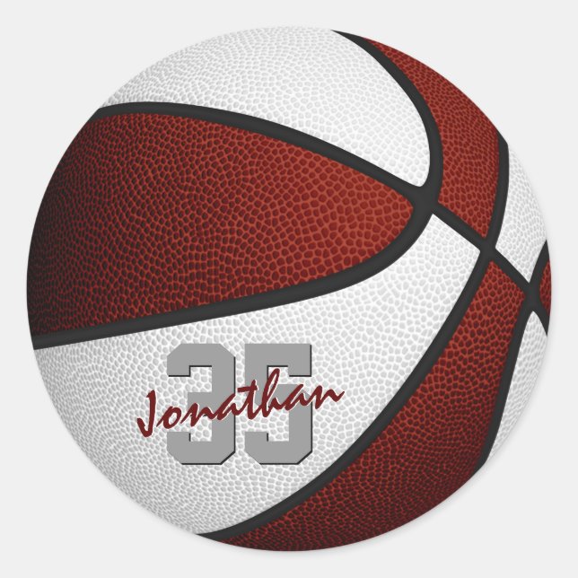 maroon white boys girls basketball team colours classic round sticker (Front)